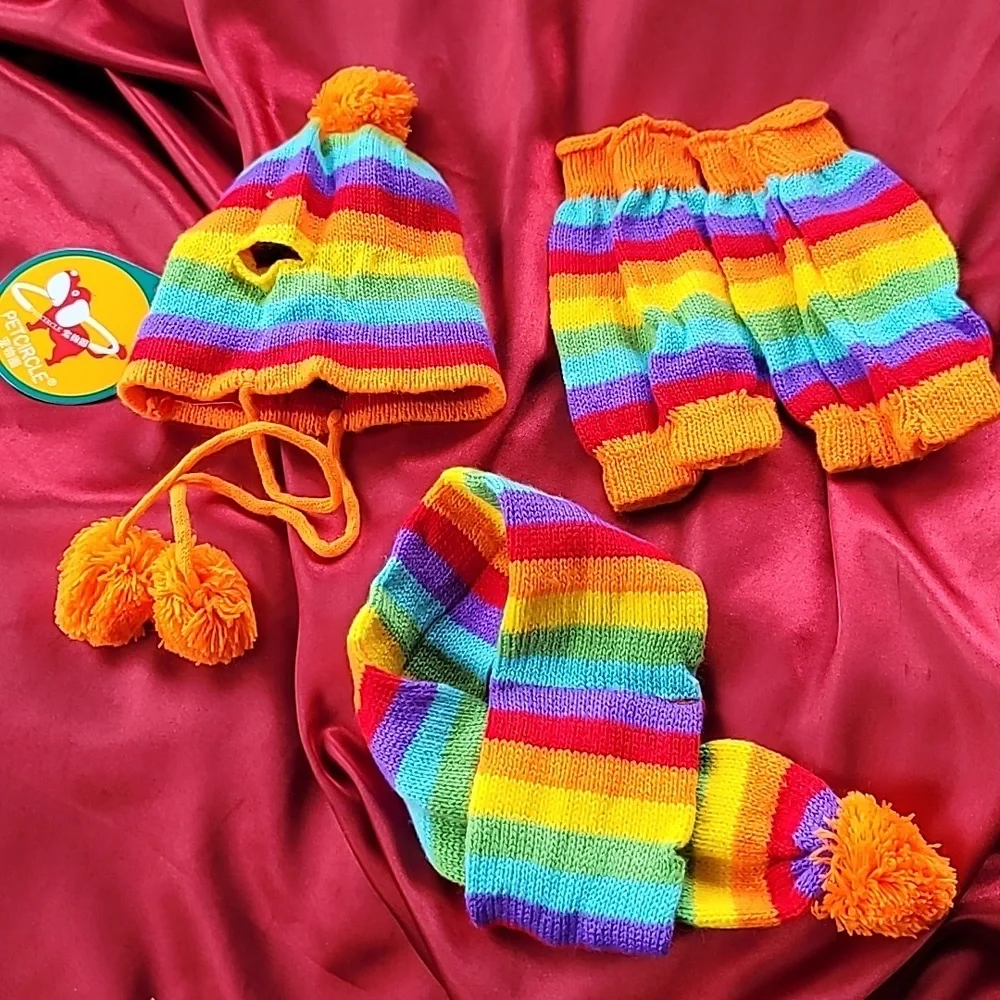 NWT Hat scarf legwarmer set for small dogs rainbow costume cats too